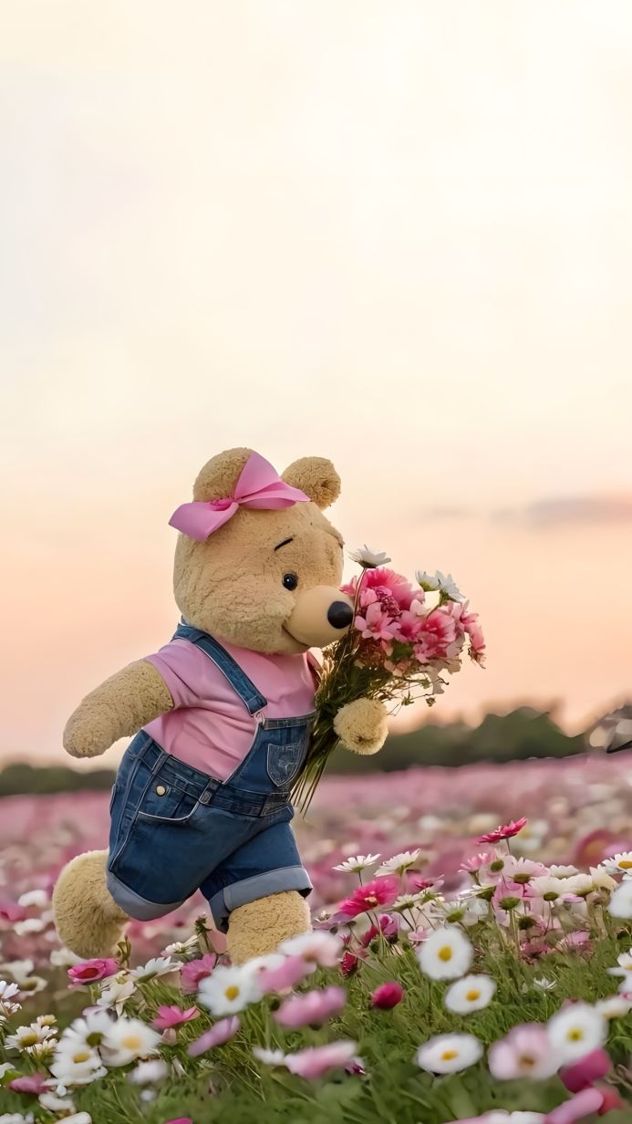 Winnie the Pooh teddy bear in overalls holds a bouquet of flowers in a field of daisies