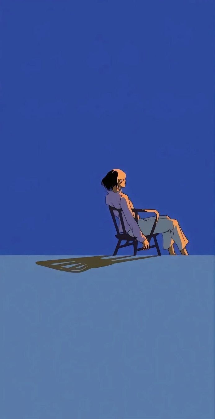 A woman sitting in a chair in a minimalist illustration with a blue background