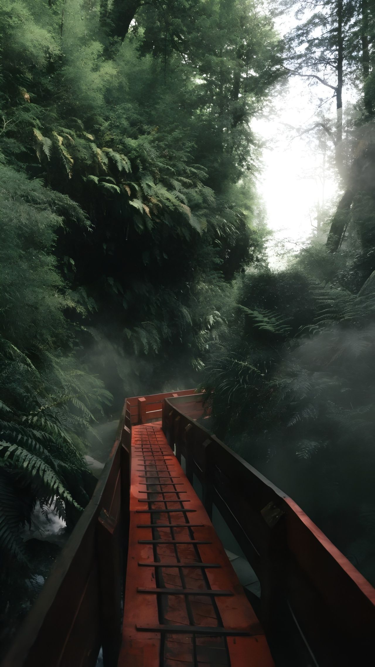 Wooden bridge in a misty forest