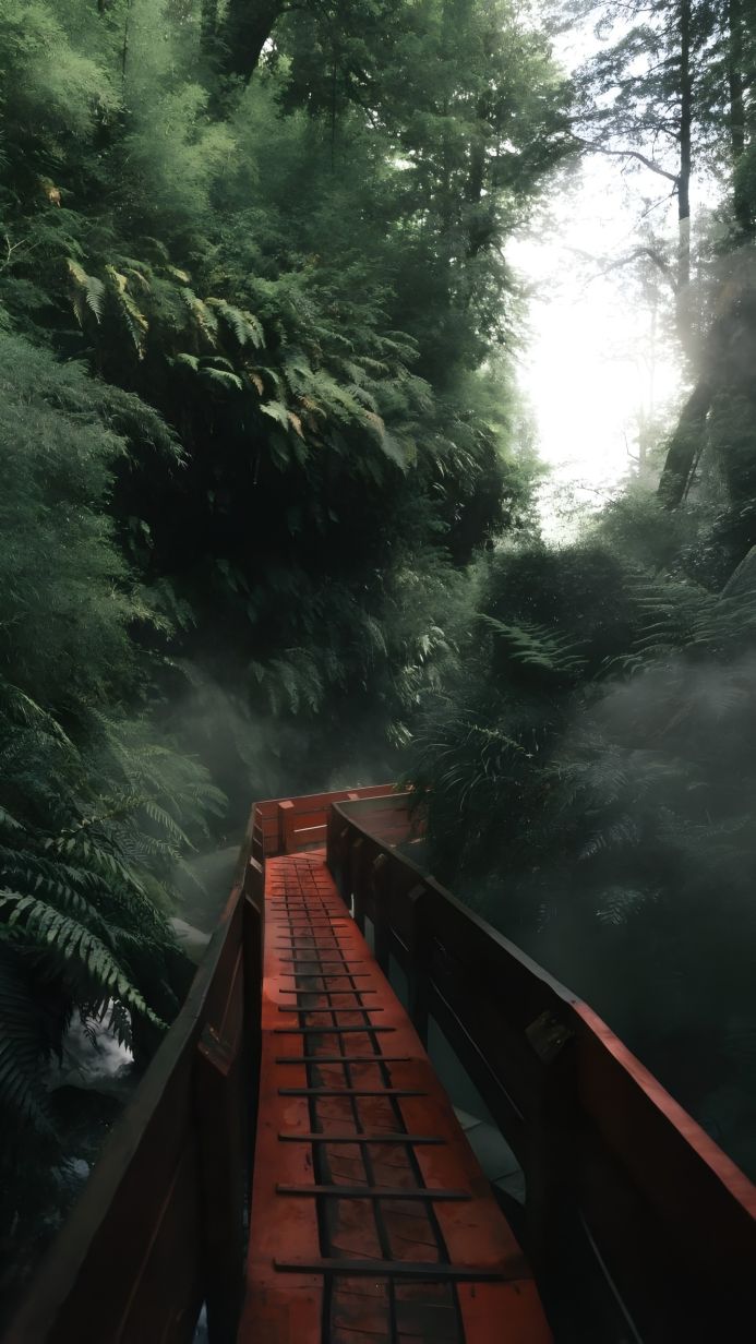 A wooden bridge leads into a dense, misty forest, with lush green foliage on either side