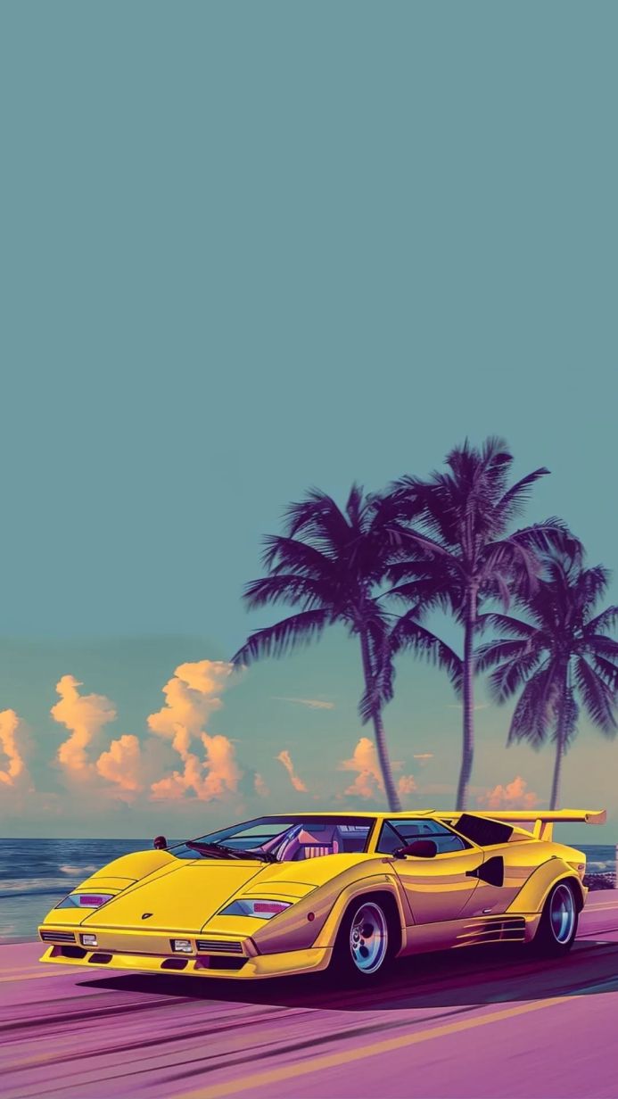 Yellow Lamborghini Countach parked on a pink road with palm trees and a teal sky