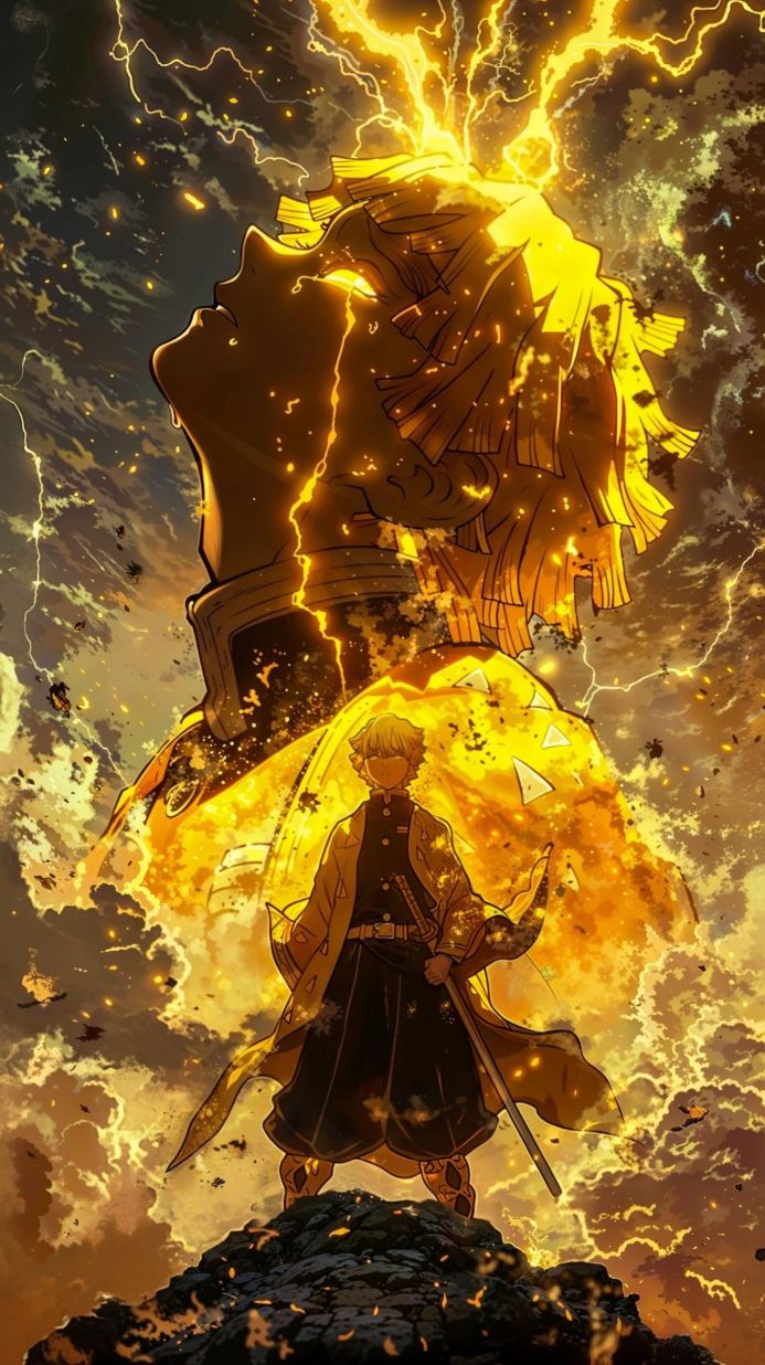 Zenitsu Agatsuma from Demon Slayer surrounded by yellow lightning