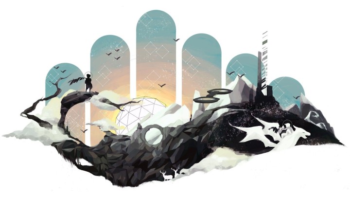 Abstract fantasy landscape with person and flying creatures
