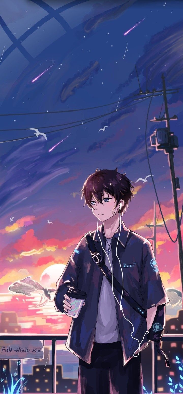 Anime boy under starry night sky with vapor trails