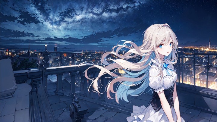 Anime girl on balcony overlooking city at night stars