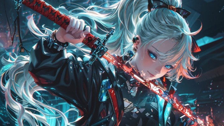 Anime girl with a glowing sword in a cyberpunk setting