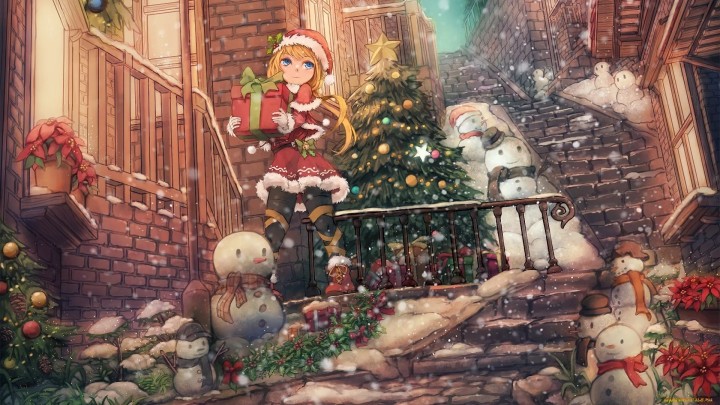anime girl in red christmas outfit on snowy street
