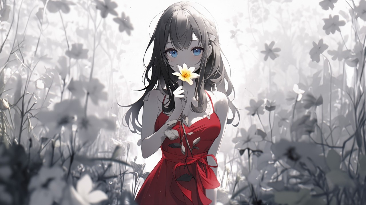 Anime girl in red dress holding a yellow flower