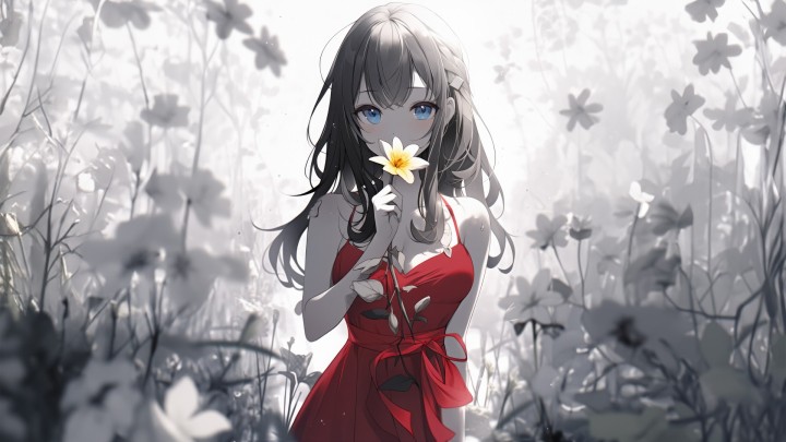 Anime girl in red dress holding a yellow flower