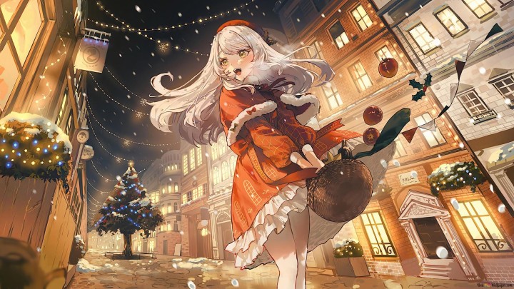 Anime girl in Santa costume holding a christmas gift