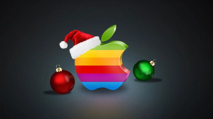 Apple logo with Santa hat and Christmas ornaments