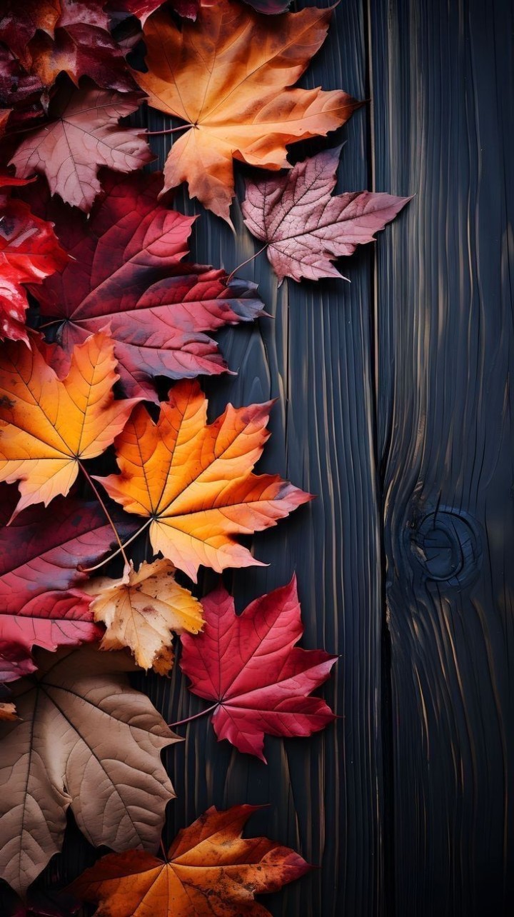 Autumn leaves on dark wood