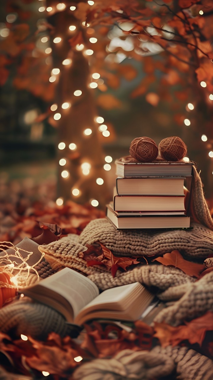 Autumn still life with books candle mug pumpkin and hat