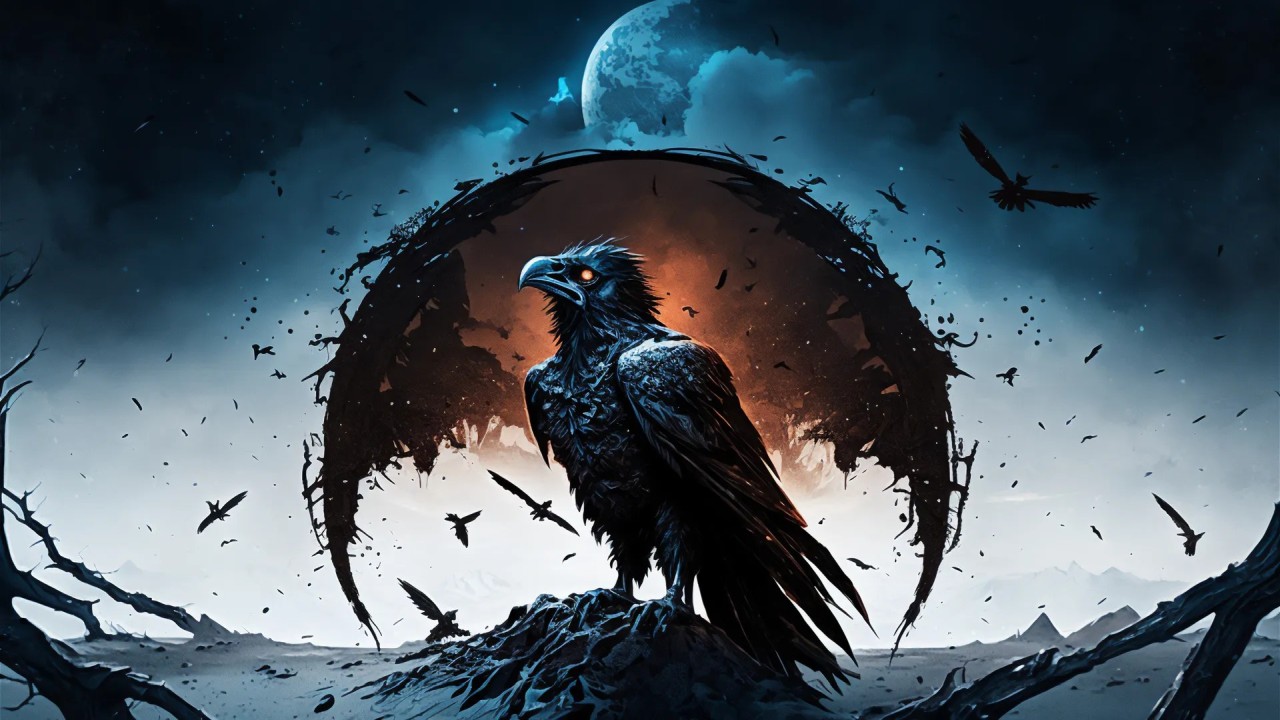 Black raven head close up dramatic lighting