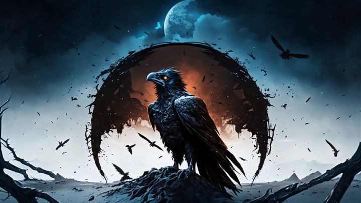 Black raven head close up dramatic lighting