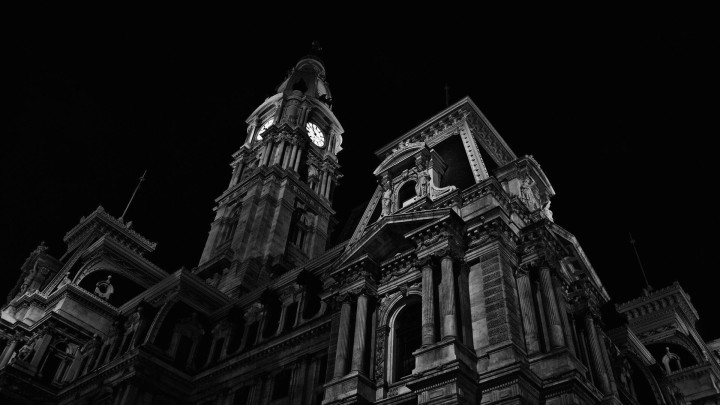 Black and white skyscraper facade dramatic light