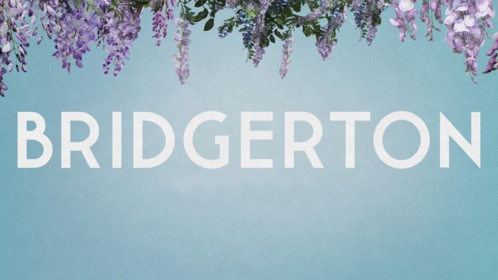 Bridgerton title card with purple wisteria flowers