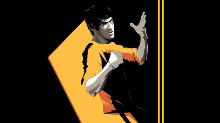 Bruce Lee illustration in martial arts pose yellow suit