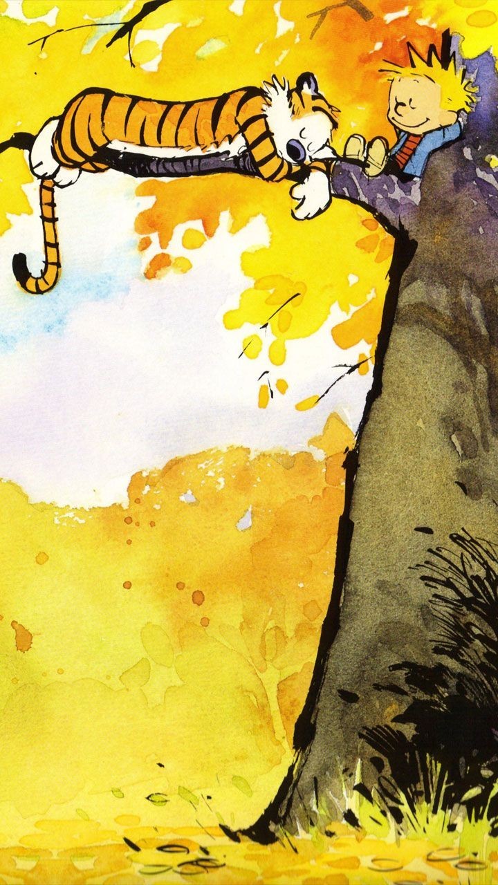 Calvin and Hobbes flying in the sky with birds