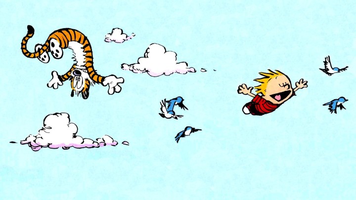 Calvin and Hobbes walking in the snow leaving footprints