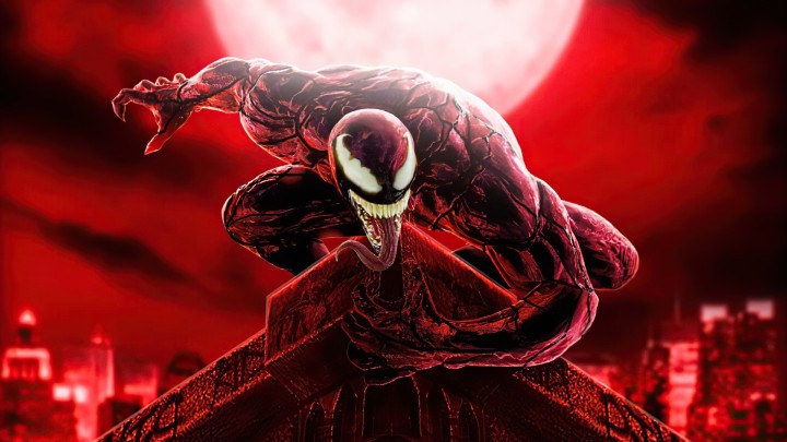 Carnage from Venom Let There Be Carnage on a rooftop at night