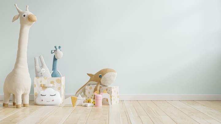 Childs room with whale decal and toys