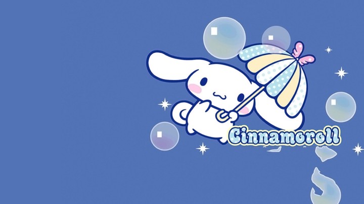 Cinnamoroll holding an umbrella on blue background