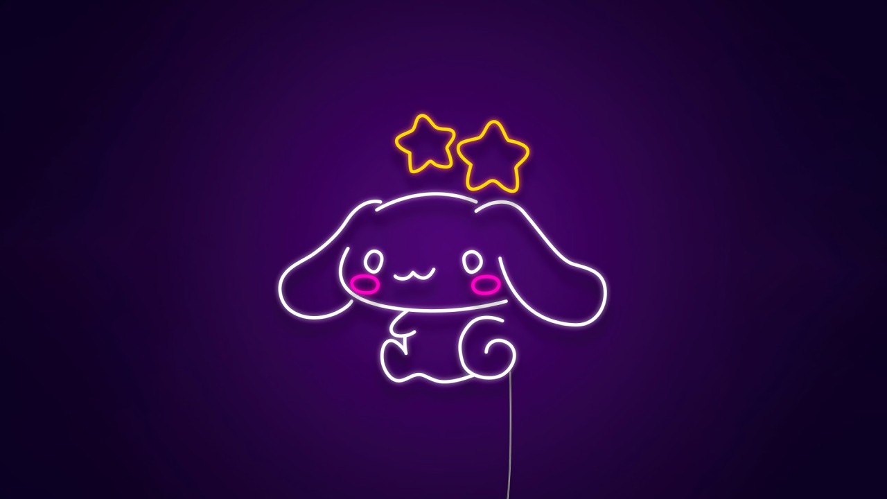 Cinnamoroll neon art with stars on purple background