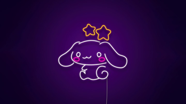Cinnamoroll neon art with stars on purple background