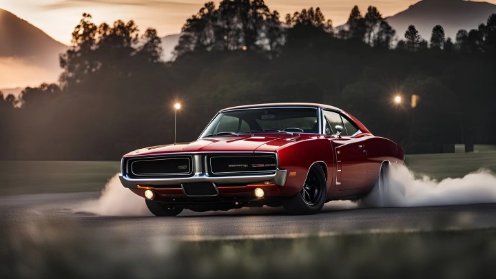 Classic Dodge Charger rain night neon lights