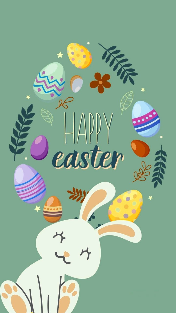Cute bunny with colorful Easter eggs and text Happy Easter