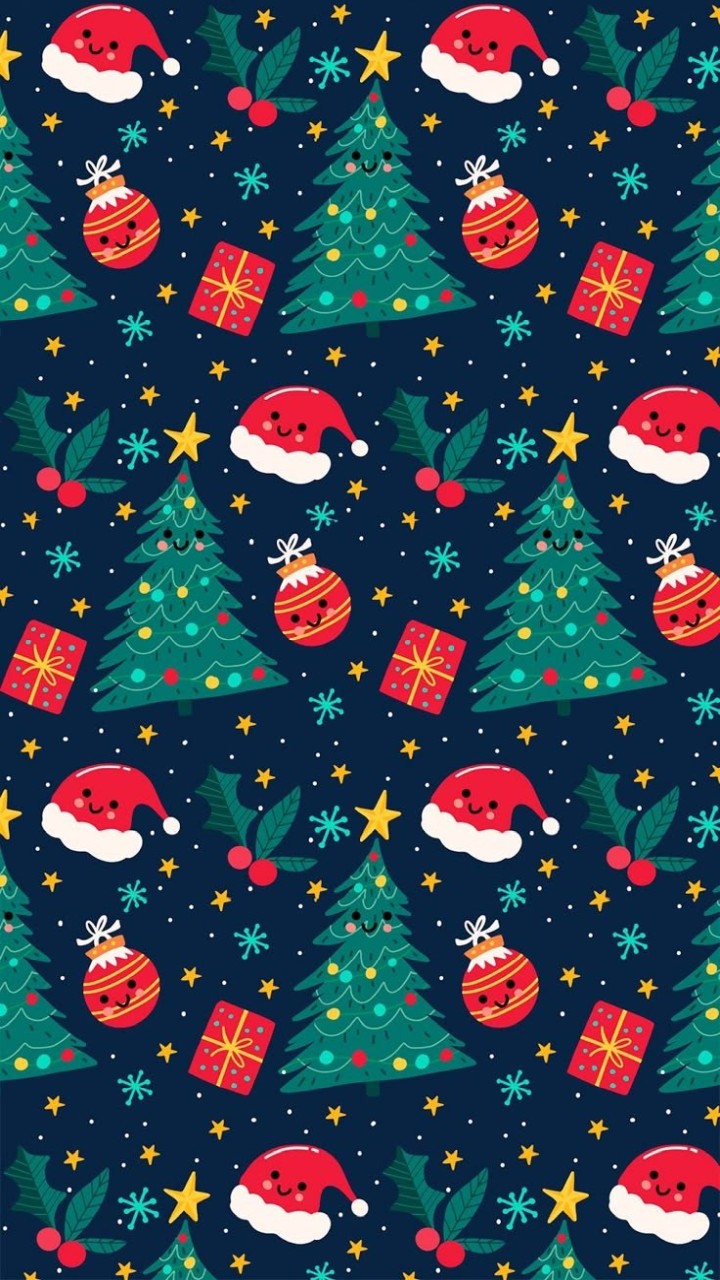 Cute Christmas pattern with trees hats ornaments gifts holly