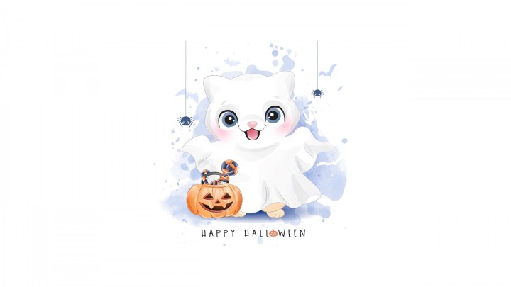 Cute ghost cat with pumpkin bucket happy halloween