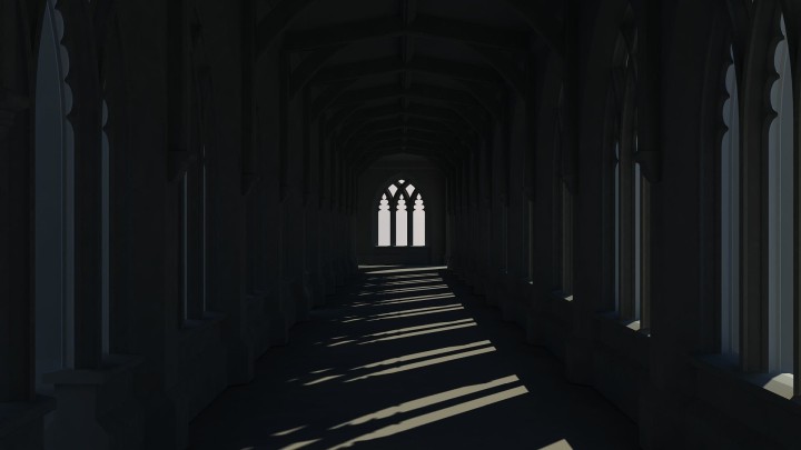 Dark gothic corridor with light and shadows