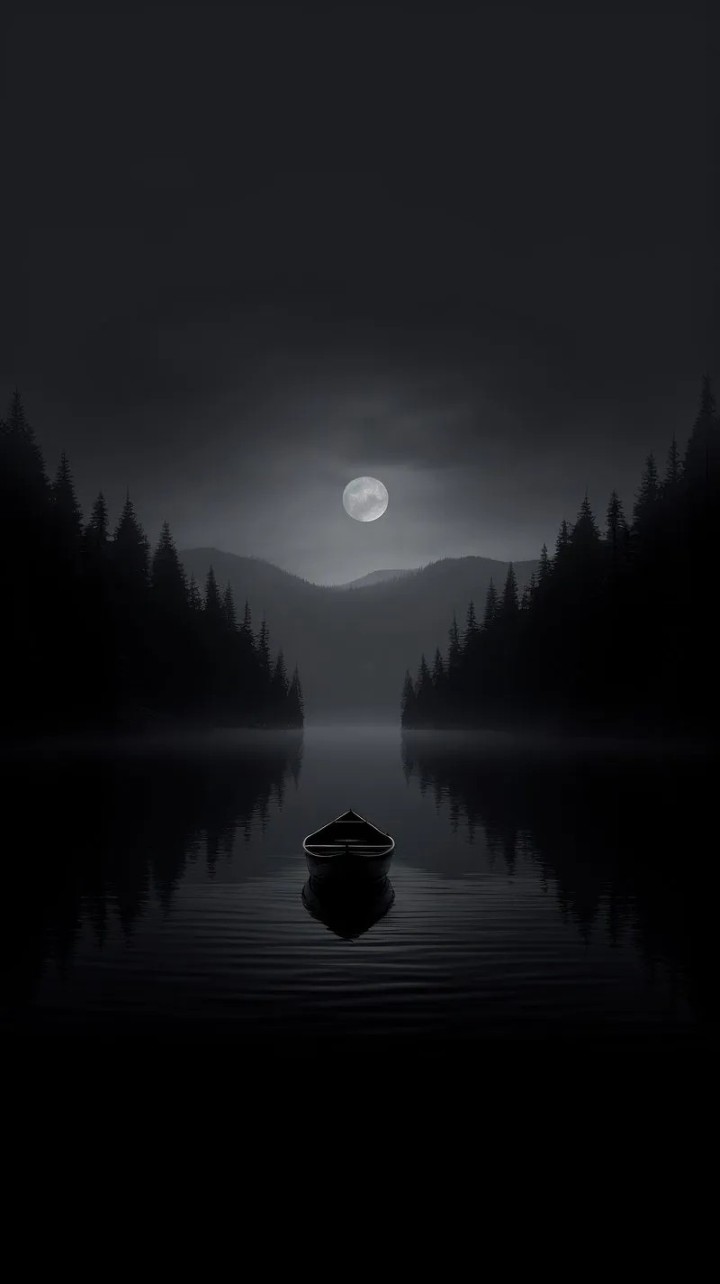 dark lake boat moonlight forest night scene