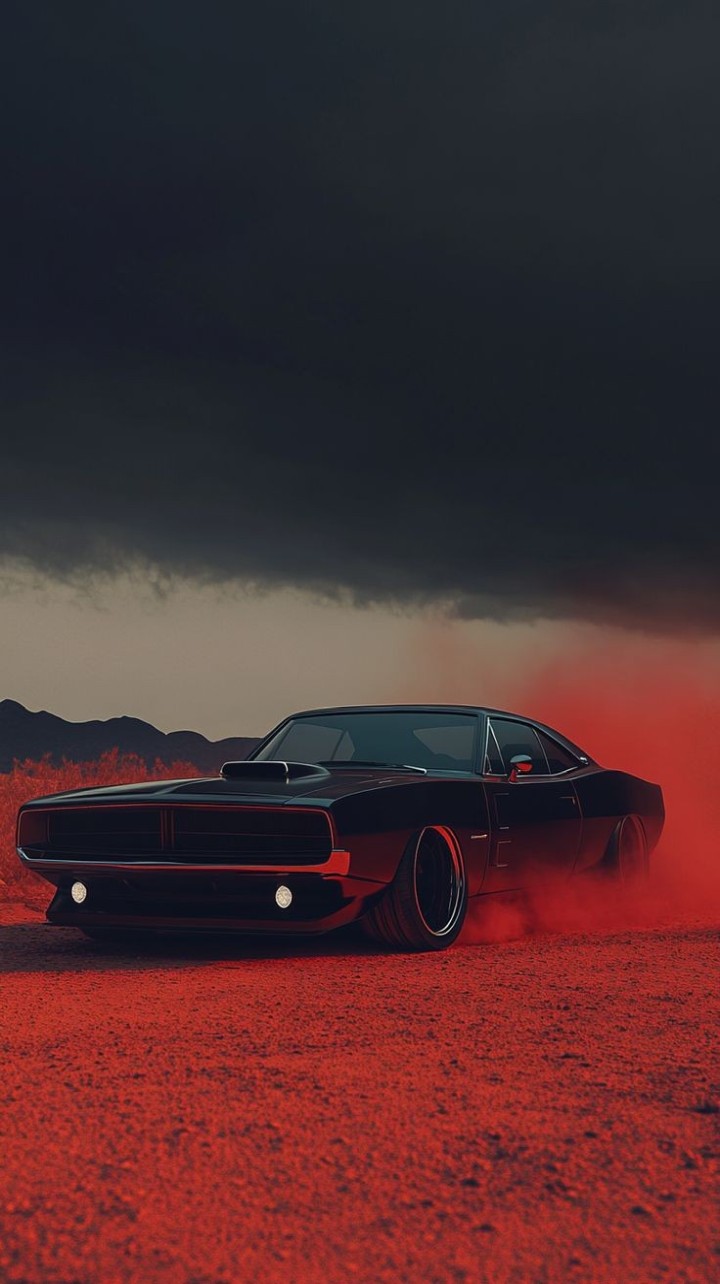 Dark red Dodge Charger at sunset with light rays
