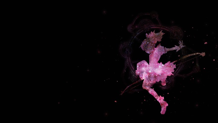 Dark winged anime girl with red bow in fantasy setting