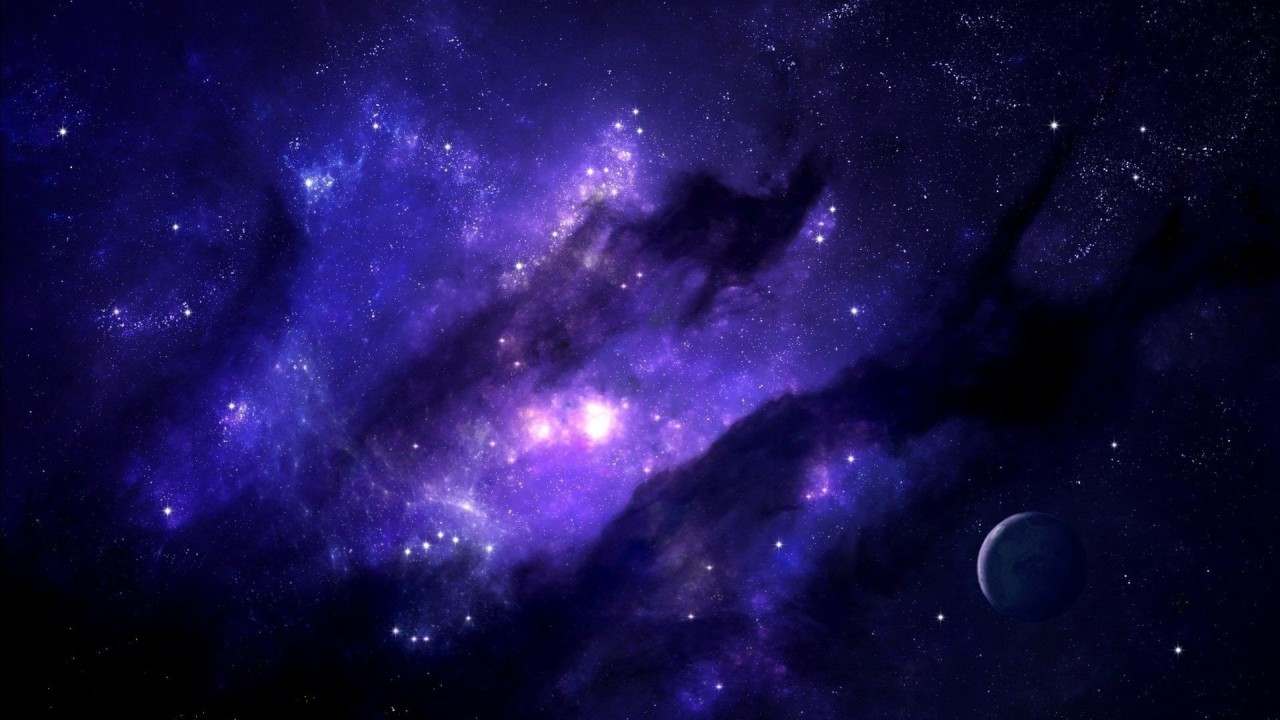 Deep purple blue nebula with stars and planet in space