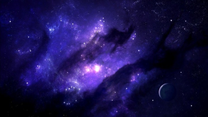 Deep purple blue nebula with stars and planet in space