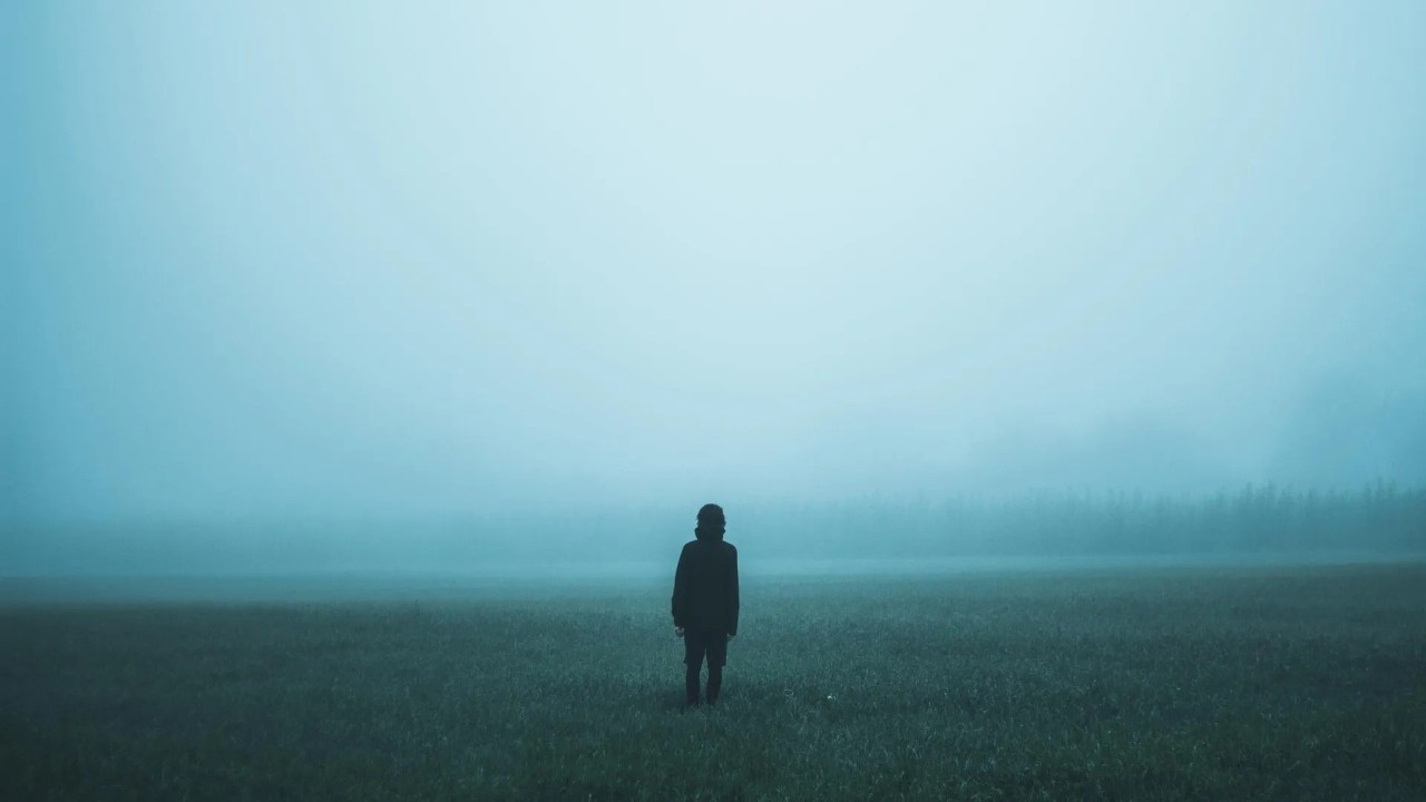 A figure stands in a vast misty field seen from behind