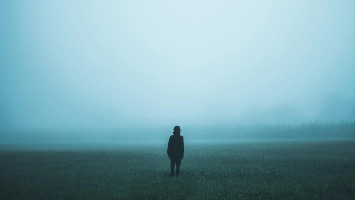 A figure stands in a vast misty field seen from behind