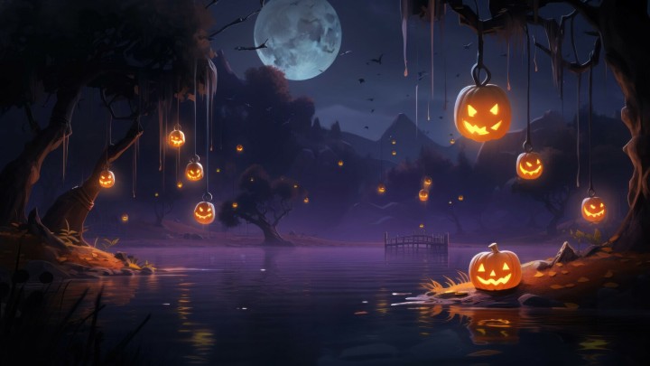 Glowing jack o lanterns hanging on trees night scene