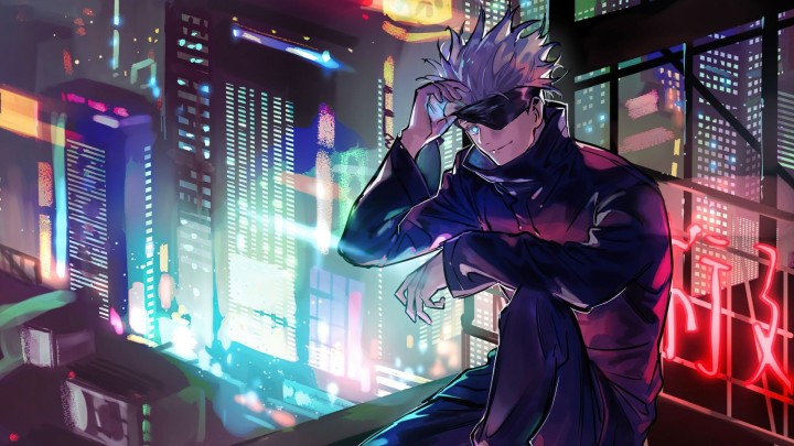 Gojo Satoru in a city at night with bright lights