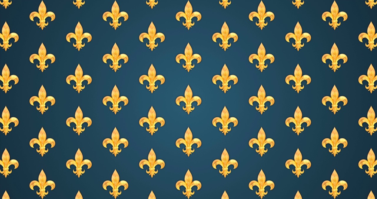 Golden fleur de lis repeating pattern blue background