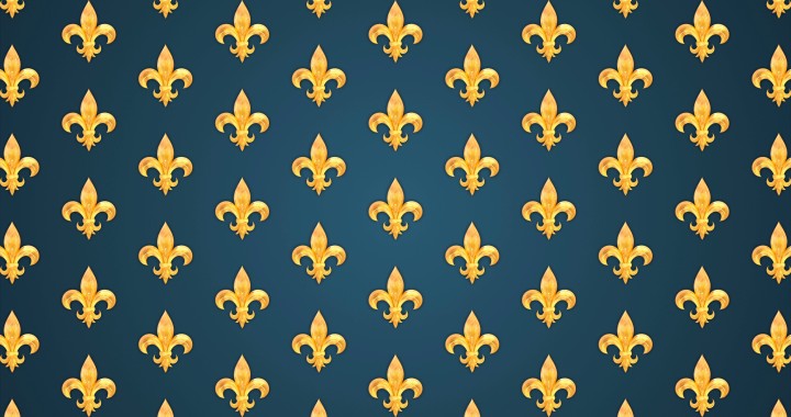 Golden fleur de lis repeating pattern blue background