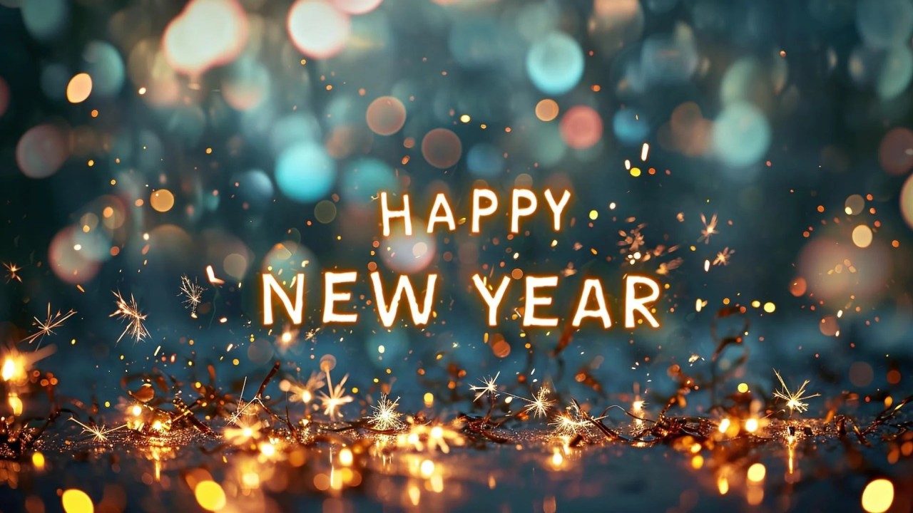 Happy New Year text with bokeh and sparklers