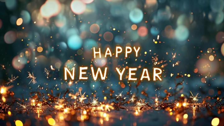 Happy New Year text with bokeh and sparklers