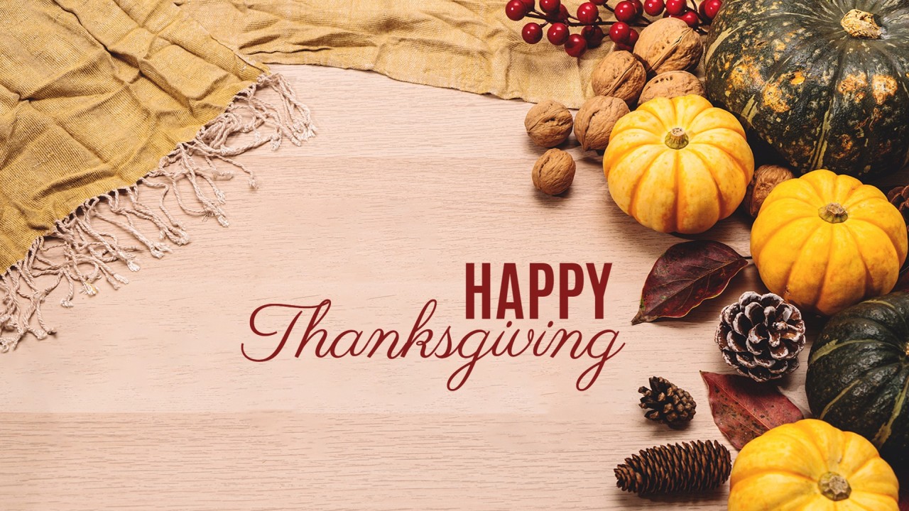 Happy Thanksgiving text pumpkins walnuts berries