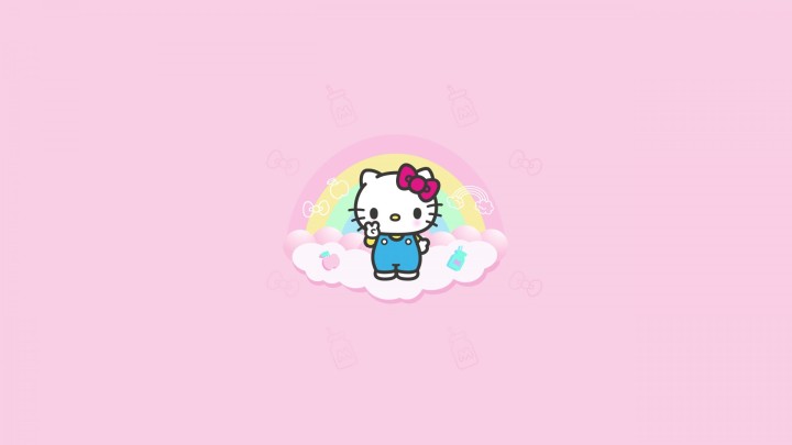 Hello Kitty in blue overalls on cloud with rainbow