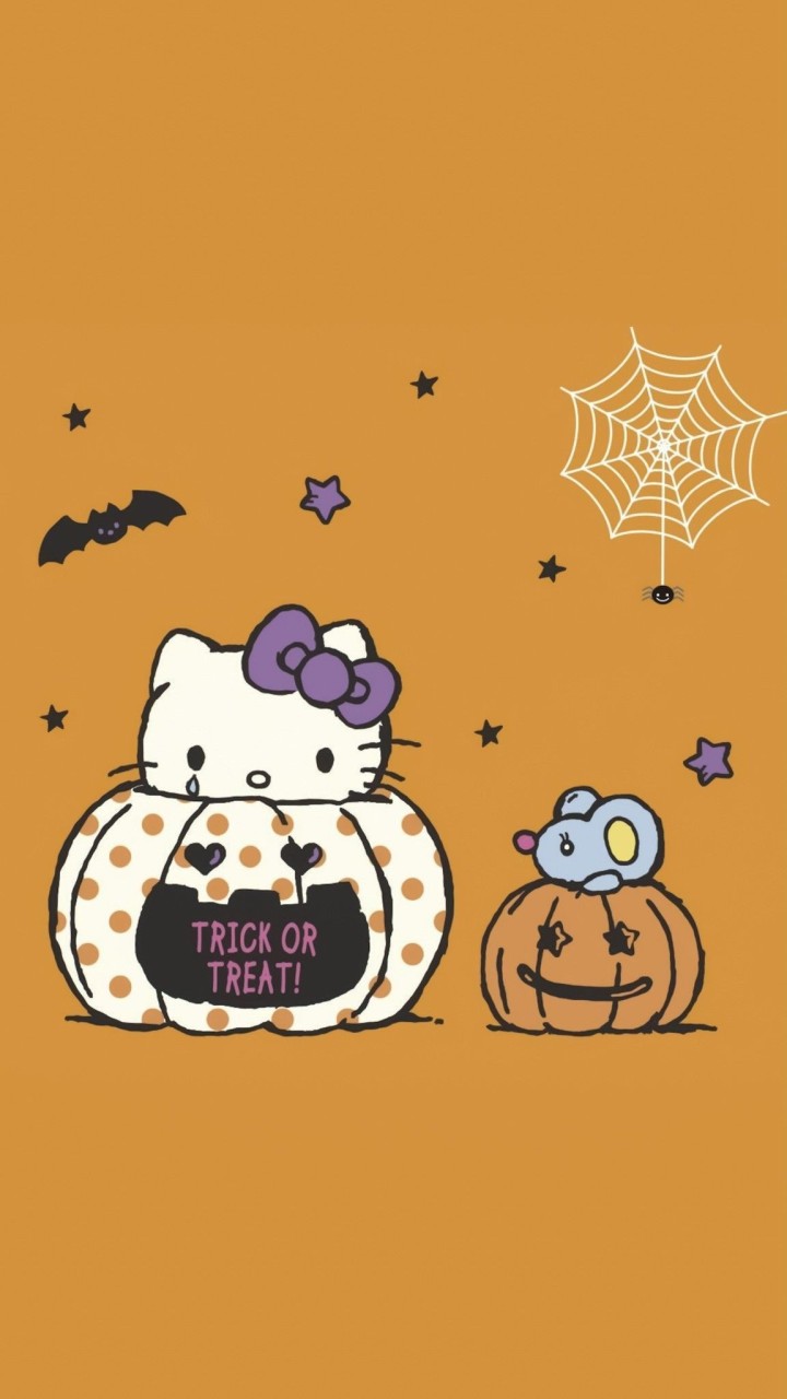 Hello Kitty witch flying broom Halloween moon bats